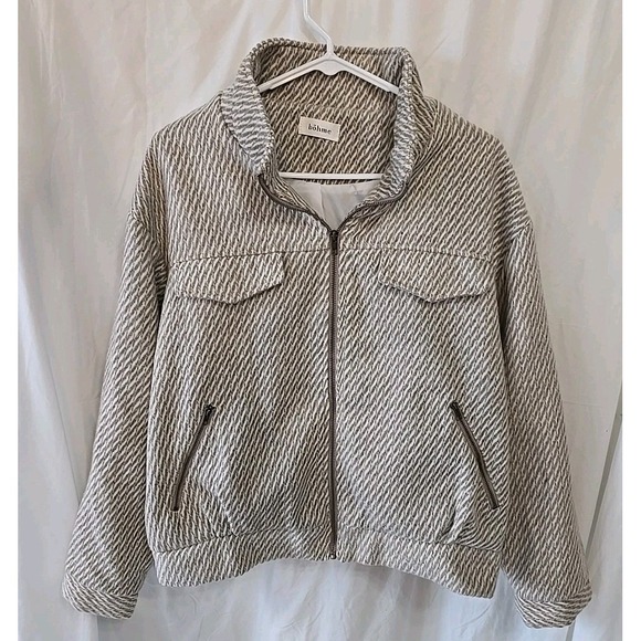 Bohme Women's Size Medium Ivory & Taupe Bomber Style Full Zip Striped Jacket - Picture 1 of 15